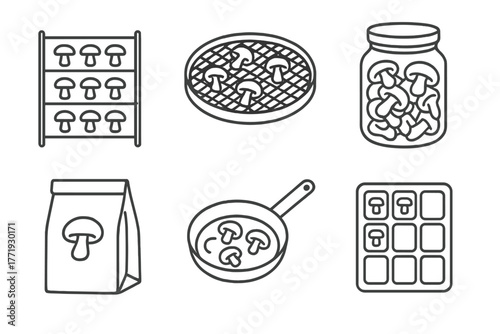 Mushroom Preservation Icons. Line style icons of Preserving Foraged Mushrooms: drying rack, dehydrator tray, jar of dried