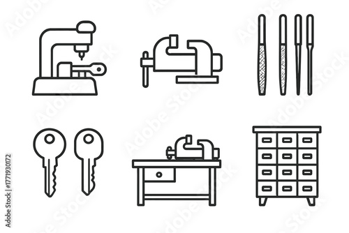 Locksmith Workshop Icons. Line style icons of locksmith workshop: key cutting machine, bench vise, file set, blank keys, workbench