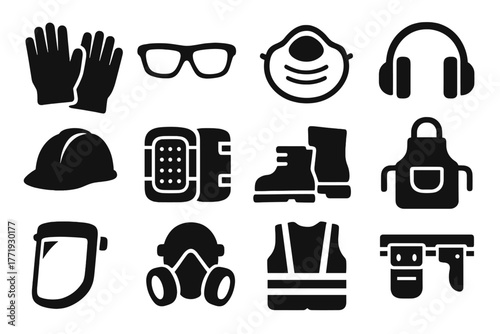 Safety Gear Icons. Solid style icons of safety gear: work gloves, safety glasses, dust mask, ear protection, hard hat, knee pads,