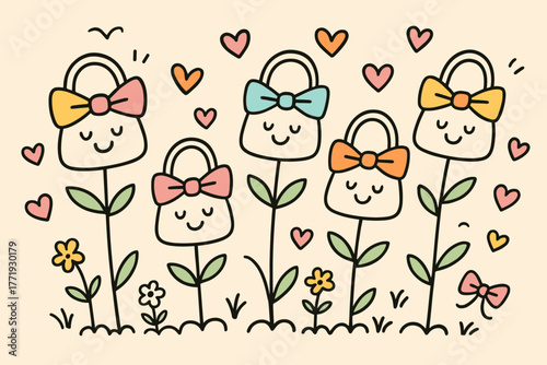 Whimsical Handbag Garden. A doodle illustration of a reticule garden, where handbags grow like flowers, each smiling and sprouting