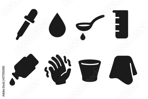 Laudanum Administration Icons. Solid style icons of laudanum administration: Glass Dropper, Droplet Falling, Spoon with Tincture,