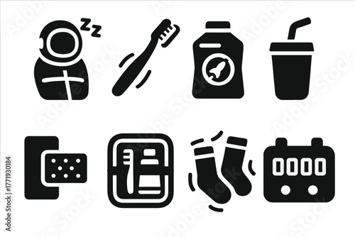 Astronaut Daily Life Icons. Solid style icons of astronaut daily life: Sleeping Bag, Floating Toothbrush, Pouch Meal, Drink Straw,