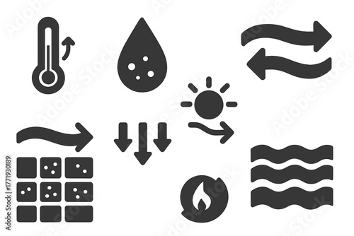 Thermohaline Circulation Icons. Solid style icons of thermohaline circulation: Temperature Gradient Icon, Salinity Droplet, Warm
