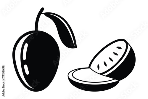 Whole mango with leaf and cut half display its juicy pulp in monochrome