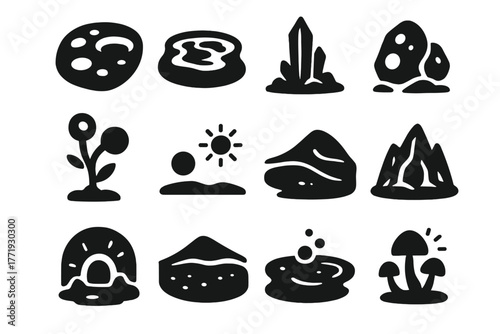 Alien World Icons. Solid style icons of alien worlds: crater, lava pool, crystal spire, alien plant, two suns, strange rock,