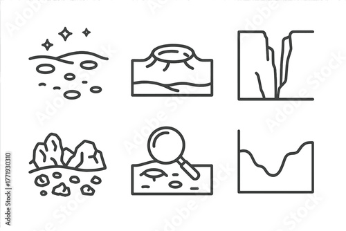 Space Exploration Icons. Line style icons of space exploration: planetary surface, crater icon, canyon ridge, rocky terrain,