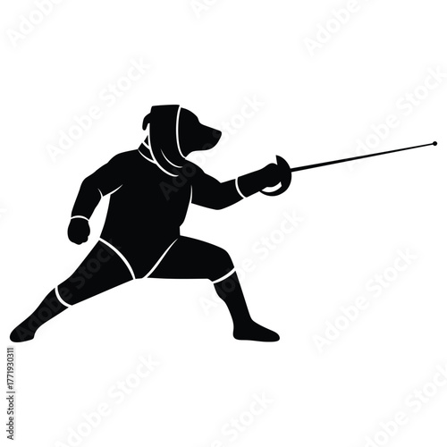 A black silhouette of a dog in a fencing stance, holding a foil, the dog is wearing a fencing mask and is ready to strike