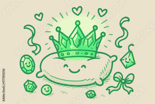 Glowing Crown on Pillow. A doodle of a glowing smaragdine crown resting on a smiling pillow, surrounded by playful jewels,
