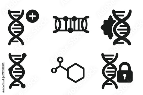 DNA Methylation Icons. Solid style icons of DNA methylation process: Methyl Group Addition, CpG Island Mark, DNA Helix with Tags,