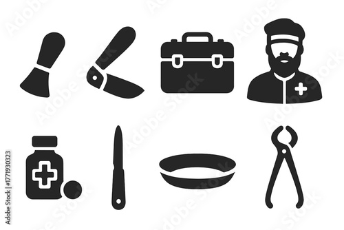 Retro Healing Tools Icons. Solid style icons of Retro Healing Tools: Vintage Fleam, Bloodletting Knife, Case, Barber Surgeon,