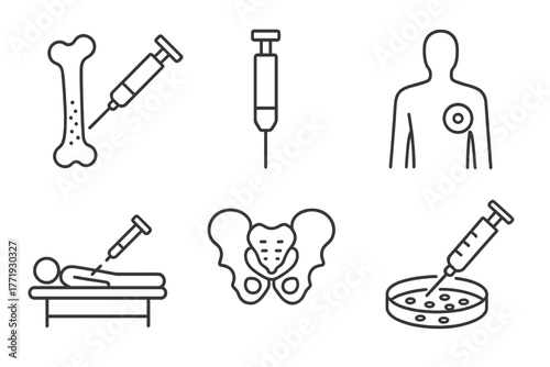 Stem Cell Iconography. Line style icons of stem cell research: bone marrow extraction, marrow needle icon, extraction point, donor
