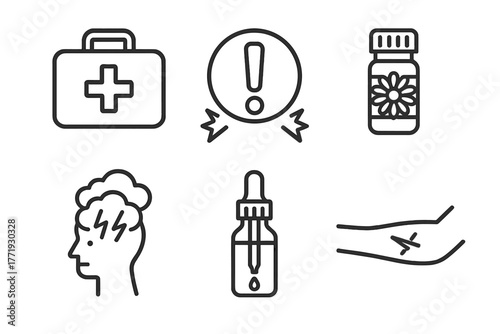 Homeopathy Emergency Icons. Line style icons of emergency use homeopathy: first aid kit, acute pain symbol, Arnica vial, rescue