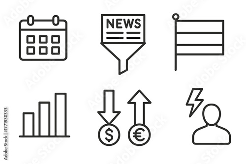 Forex Trading Icons. Line style icons of forex trading: economic calendar date, news filter icon, country event flag, market