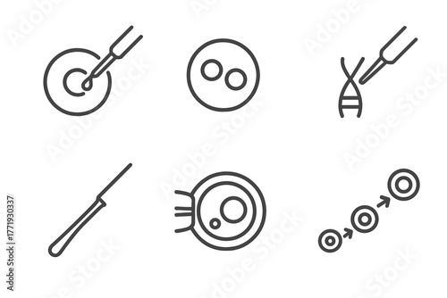 Genetic Engineering Icons. Line style icons of genetic engineering: cellular microinjection, zygote nucleus, chromosome injection,