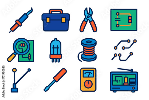 Radio Repair Icons. Flat vector icons of radio repair: soldering iron, toolkit, wire cutters, schematic diagram, magnifying glass,