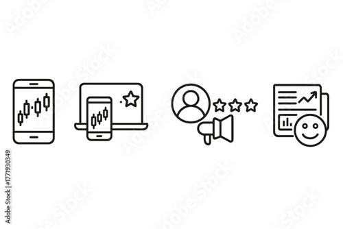 Forex Trading Icons. Line style icons of forex trading: mobile trading icon, cross-platform app, broker review symbol, real-time