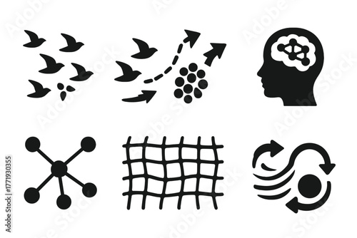 Swarm Intelligence Icons. Solid style icons of swarm intelligence elements: Coordinated Bird Flock, Emergent Flight Path, Cluster
