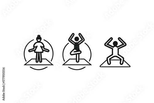 Woman and man doing yoga poses on mats shown in line art format