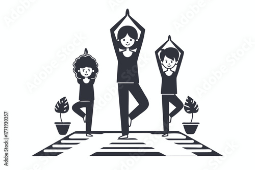 Woman with children practicing yoga in tree pose on a striped mat