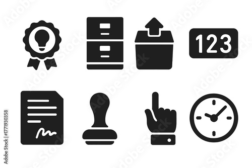 Patent Office Icons. Solid style icons of patent office submission: Patent Stamp, Filing Cabinet, Submission Box, Number Plate,