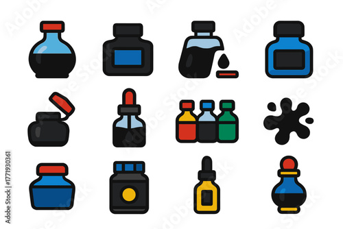 Bright Ink Icons. Flat vector icons of ink bottles: glass ink bottle, square ink pot, open bottle with ink drop, capped bottle,