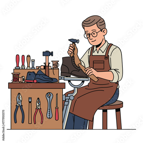 Skilled shoemaker meticulously repairing a boot with tools at his workbench isolated on white background