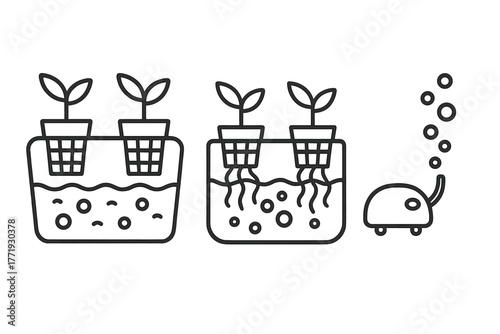 Hydroponics Line Icons. Line style icons of hydroponics: deep water culture, DWC icon, bucket system with net pots, submerged