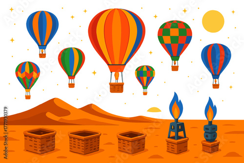 Vibrant Balloon Festival. Isometric vector illustration set Balloon Festival: multiple balloons in the air, wicker baskets, fire
