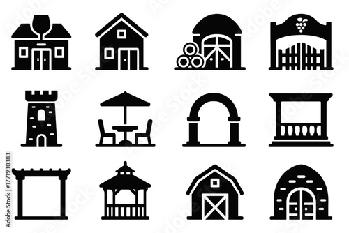Winery Icon Set. Solid style icons of winery architecture: tasting room, farmhouse, cellar door, vineyard gate, stone tower, patio