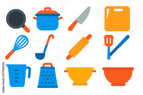 Modern Kitchen Utensil Icons. Flat vector icons of kitchen utensils: frying pan, cooking pot, knife, cutting board, whisk, ladle,