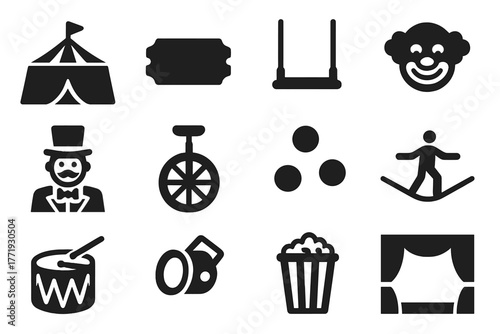 Circus Essentials Icons. Solid style icons of circus essentials: big top, ticket, trapeze, clown, ringmaster, unicycle, juggling