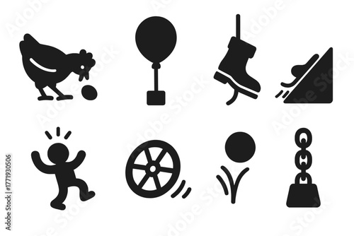 Humorous Mechanical Icons. Solid style icons of humorous mechanical motion: Chicken Peck Trigger, Balloon Lift, Boot on Rope,
