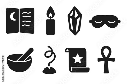 Astral Exploration Icons. Solid style icons of astral exploration tools: Journal Page, Candle Flame, Quartz Crystal, Eye Mask,