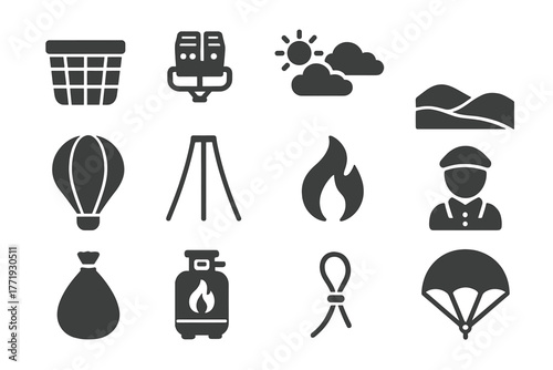 Hot Air Balloon Essentials. Solid style icons of hot air balloon essentials: basket, burner, sky, landscape, envelope, ropes,