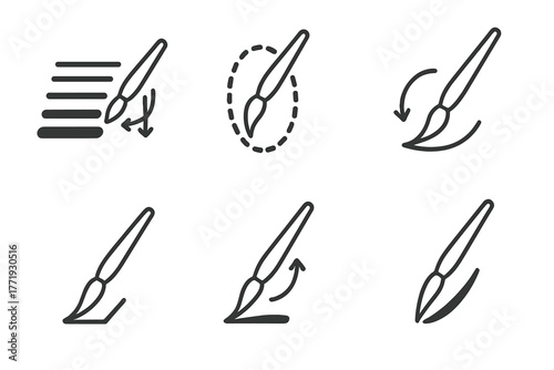 Calligraphy Practice Icons. Line style icons of Calligraphy Practice Techniques: stroke repetition, shape tracing, fluid wrist
