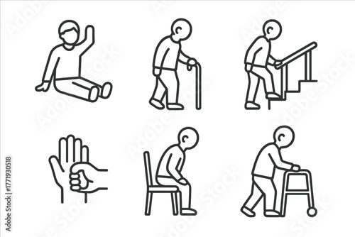 Geriatric Physiotherapy Icons. Line style icons of geriatric physiotherapy: senior exercise, cane walking, stair training, chair