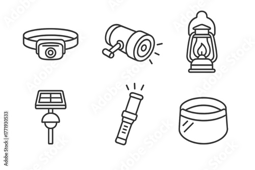 Cold Weather Lighting Icons. Line style icons of Cold Weather Lighting: LED headlamp, hand-crank flashlight, camp lantern, solar