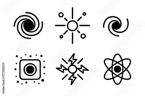 Black Hole Icons. Line style icons of black holes: primordial black hole, early universe symbol, tiny mass icon, dark matter