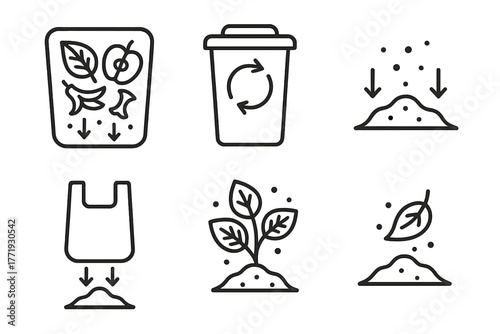 Biodegradable Plastics Icons. Line style icons of biodegradable plastics: composting process, green bin symbol, soil breakdown