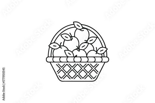 Woven basket overflowing with ripe apples and leaves is rendered in a simple outline