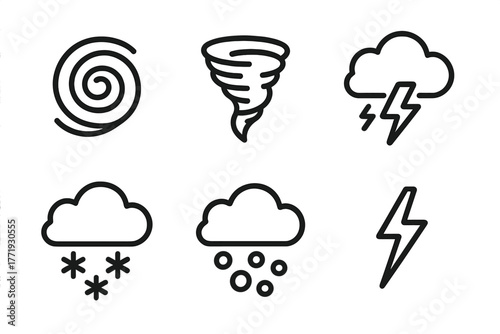 Severe Weather Icons. Line style icons of severe weather: hurricane, tornado, thunderstorm, blizzard, hailstorm, lightning strike.