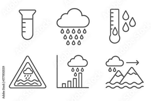 Meteorology Line Icons. Line style icons of meteorology: rainfall gauge, heavy rain icon, precipitation rate, wet season chart,