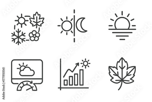 Meteorology Line Icons. Line style icons of meteorology: seasonal transition icon, equinox symbol, solstice event, seasonal