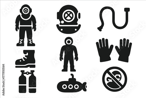 Vintage Scuba Gear Icons. Solid style icons of Classic Scuba Equipment: Vintage Diving Suit, Helmet, Air Hose, Weighted Boots,