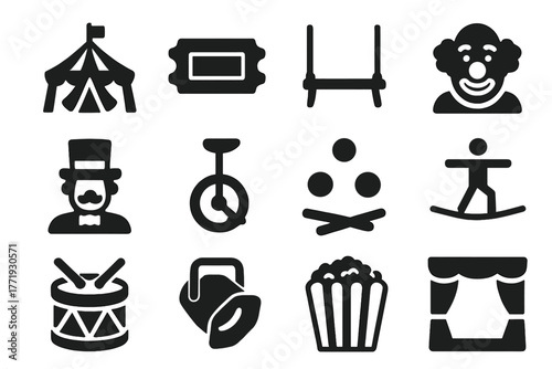 Circus Essentials Icons. Solid style icons of circus essentials: big top, ticket, trapeze, clown, ringmaster, unicycle, juggling