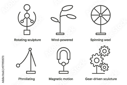 Kinetic Art Icons. Line style icons of Kinetic Art Basics: rotating sculpture, wind-powered mobile, spinning wheel design,