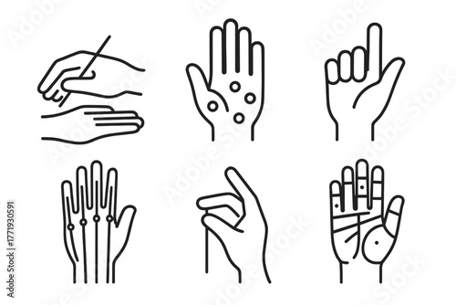 Acupuncture Hand Icons. Line style icons of acupuncture: hand acupuncture, palm with point symbols, finger tip stimulation, wrist