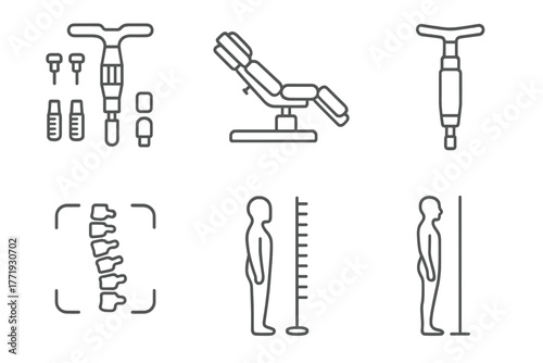 Chiropractic Tools Icons. Line style icons of chiropractic care: chiropractic tools, adjustment table icon, activator instrument,