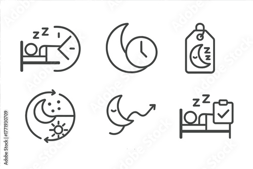 Intermittent Fasting Icons. Line style icons of intermittent fasting: sleep and fasting, moon with clock icon, deep sleep tag,