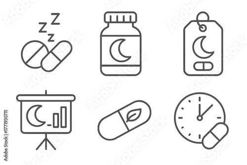 Sleep Therapy Icons. Line style icons of sleep therapy: melatonin and supplements, supplement bottle icon, moon pill tag, natural